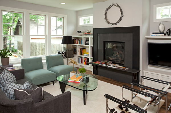 Bộ ghế sofa xám – xanh bổ sung thêm nét hiện đại cho phòng khách trắng – đen phòng khách