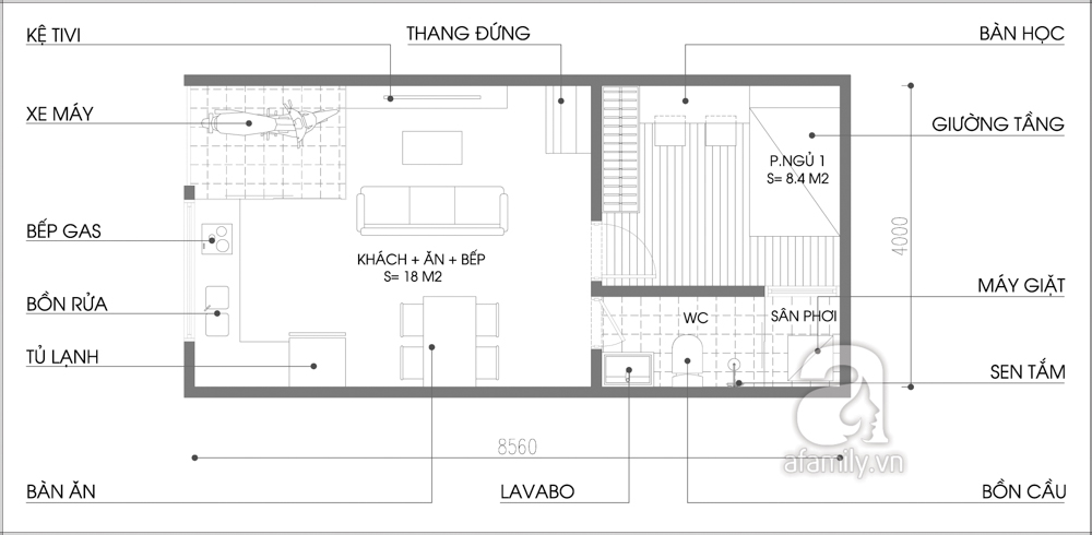 Thiết kế nhà cấp 4 có diện tích 34m² cho 4 người ở