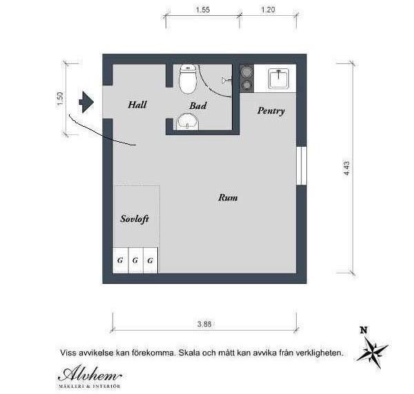 Sơ đồ bố trí căn hộ 17m2.