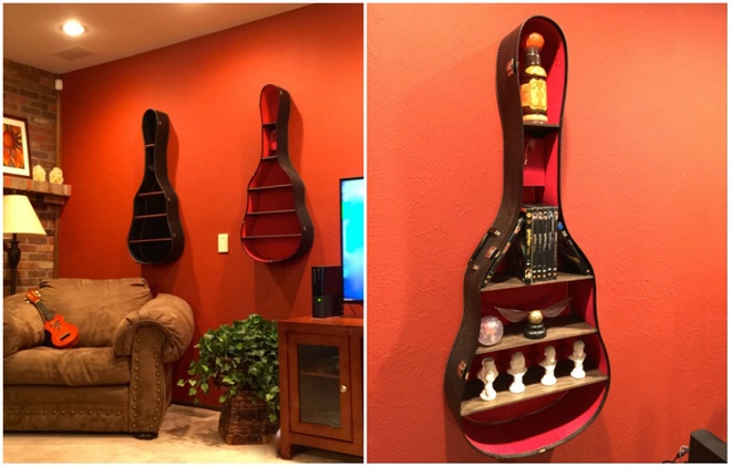 Biến vỏ đàn guitar thành ngăn đề đồ ấn tượng trong phòng khách. bài trí nhà cửa
