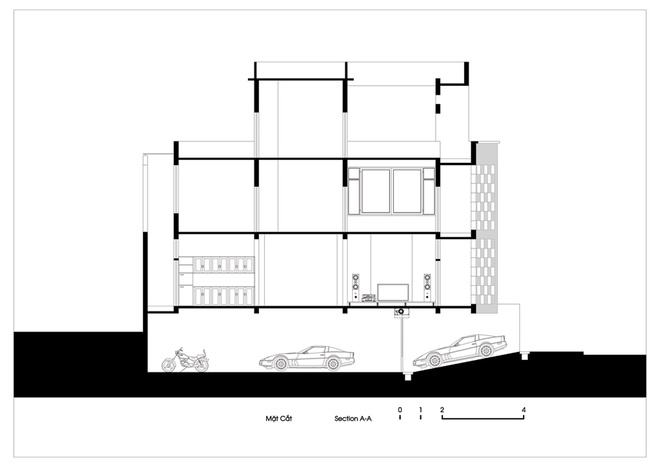 Mặt cắt nhà 3 tầng