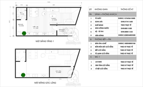 Mặt bằng tầng 1 và gác lửng.