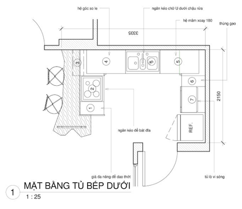 Sơ đồ mặt bằng tủ bếp dưới.