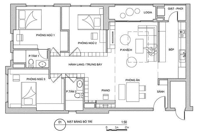 Sơ đồ bố trí các không gian chức năng trong căn hộ 110m2. căn hộ 110m2