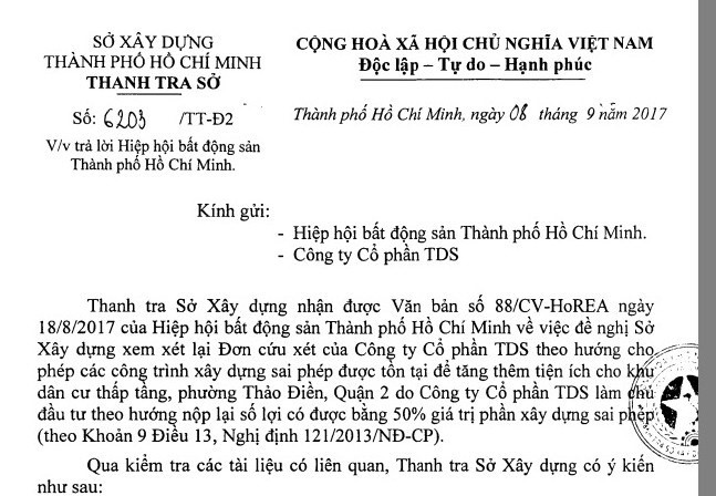 Sở Xây dựng Tp.HCM bác kiến nghị của HoREA