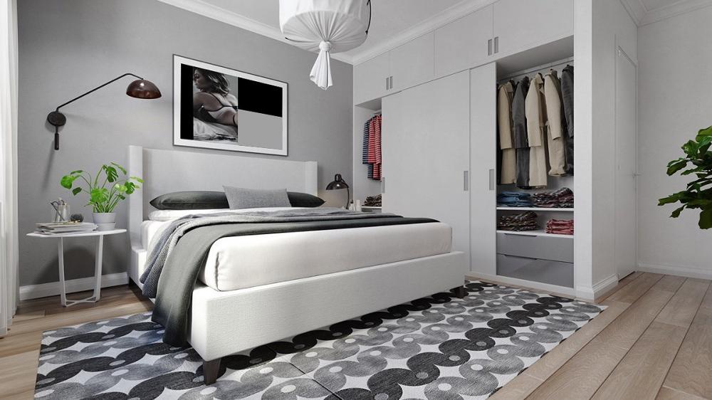 Phòng ngủ nhẹ nhàng, tinh tế với các sắc độ của gam xám và trắng