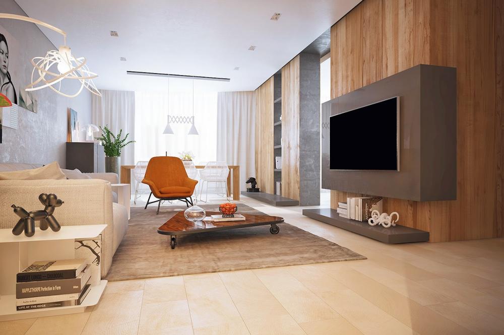 Phòng khách trang trí với màu sắc trung tính nhẹ nhàng, được tạo điểm nhấn  ​bởi chiếc ghế sofa màu cam nổi bật
