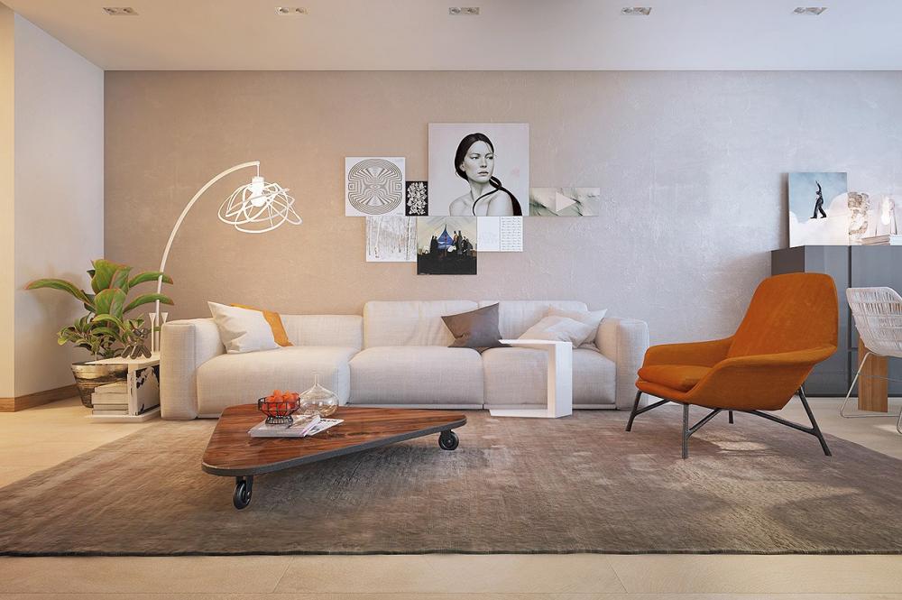 Căn hộ có phòng khách thiết kế mở với sàn gỗ trải rộng, được bố trí đồ nội thất độc đáo