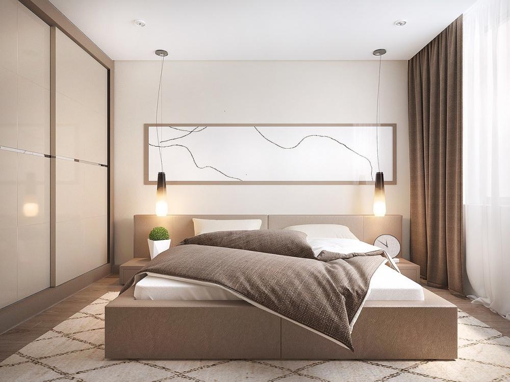 Chiếc giường thấp thiết kế đơn giản cùng hệ thống ánh sáng tự nhiên và đèn chiếu ​tạo cảm giác dễ chịu, thoải mái