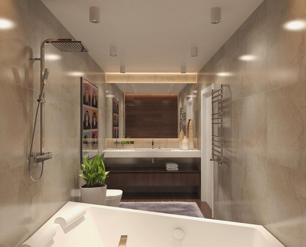 Tường phòng tắm được ốp bằng đá màu xám, kết hợp với các loại đèn trang trí  ​đem lại sự sang trọng, hiện đại