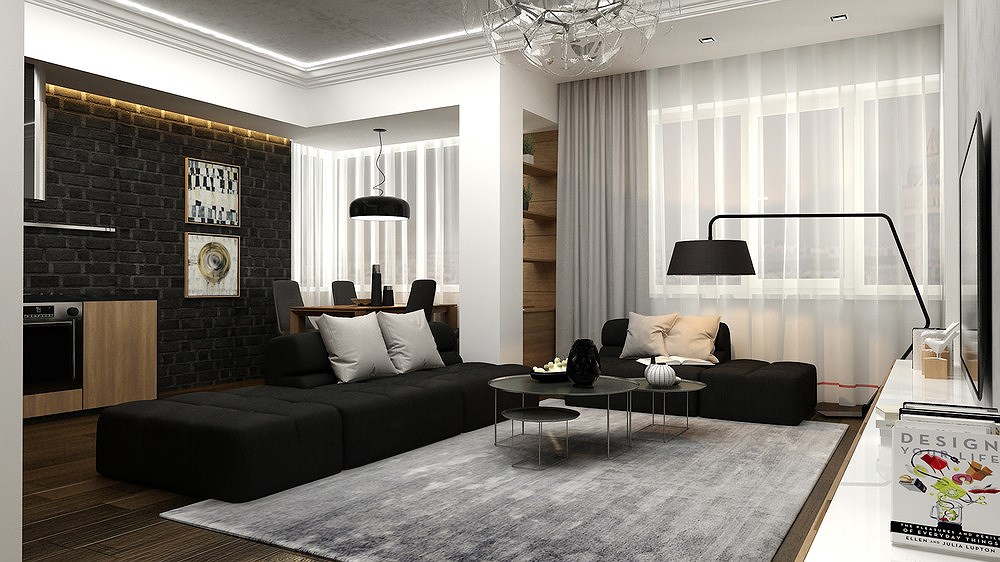Sự kết hợp tuyệt vời giữa sắc đen, trắng và nâu gỗ trong căn hộ hiện đại