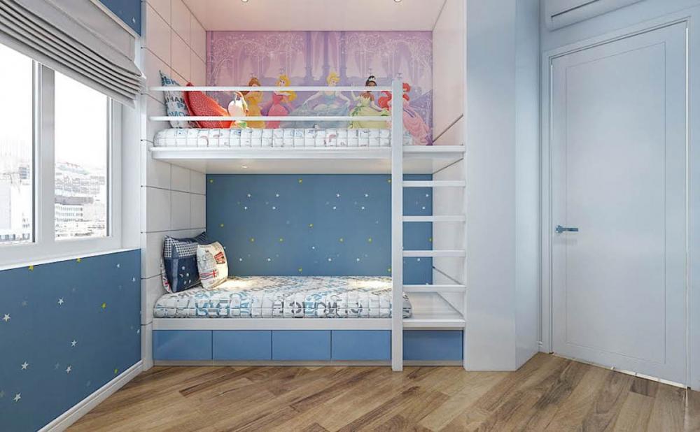 Phòng ngủ 2 con sử dụng giường tầng linh hoạt và cũng tạo cảm hứng cho các con