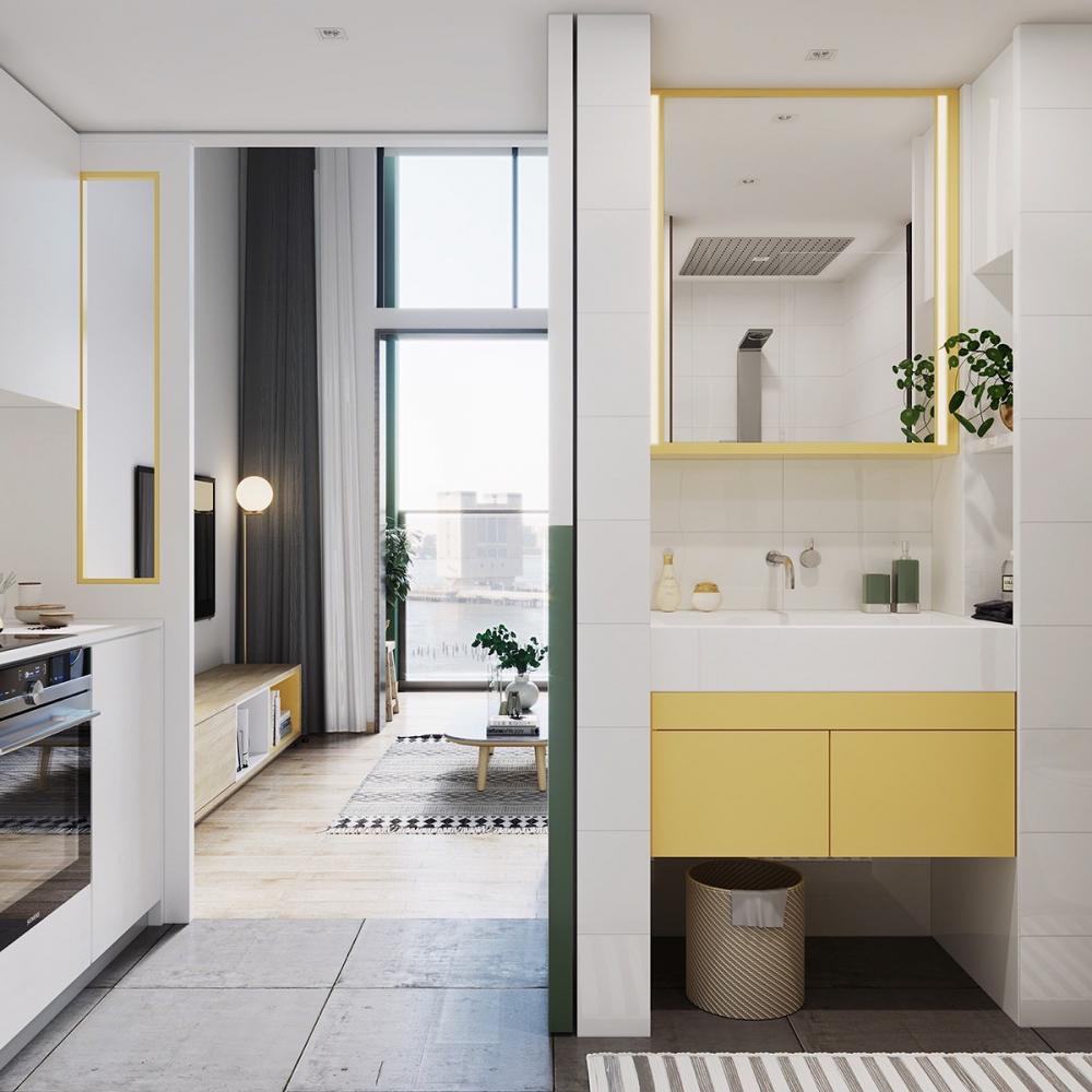 Với âm hưởng Scandinavian chủ đạo, phòng tắm cũng được bố trí đơn giản,  ​gương và bồn rửa màu vàng là điểm nhấn trong căn phòng