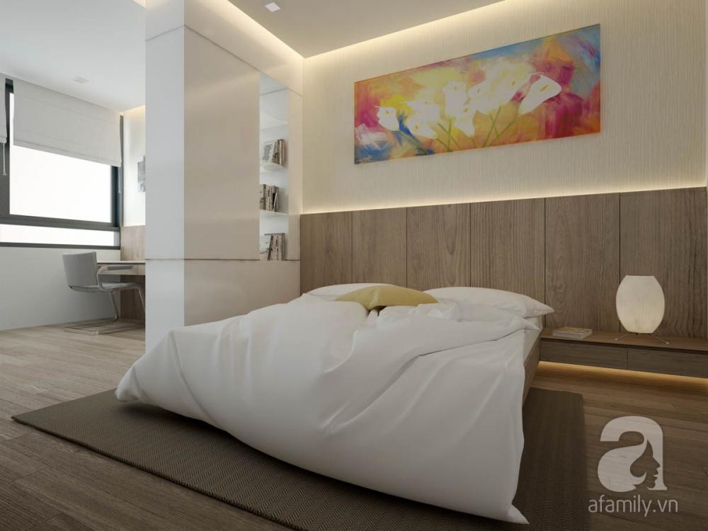 ​Phòng ngủ với tone màu nhẹ nhàng, trung tính, điểm nhấn bằng bức tranh màu sắc
