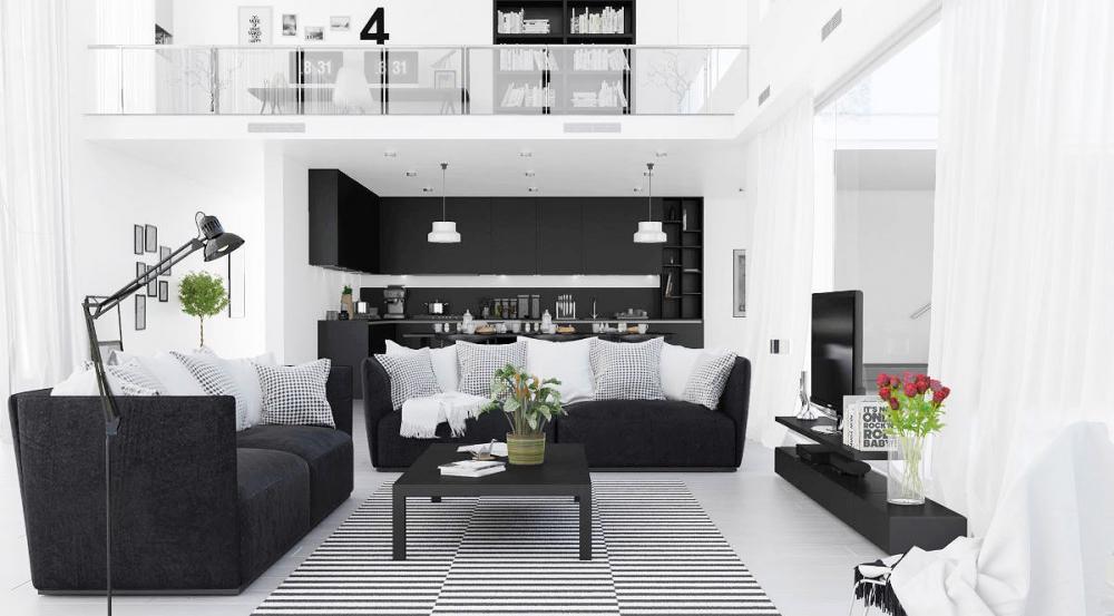 Trang trí phòng khách đẹp hiện đại với tông màu đen - trắng