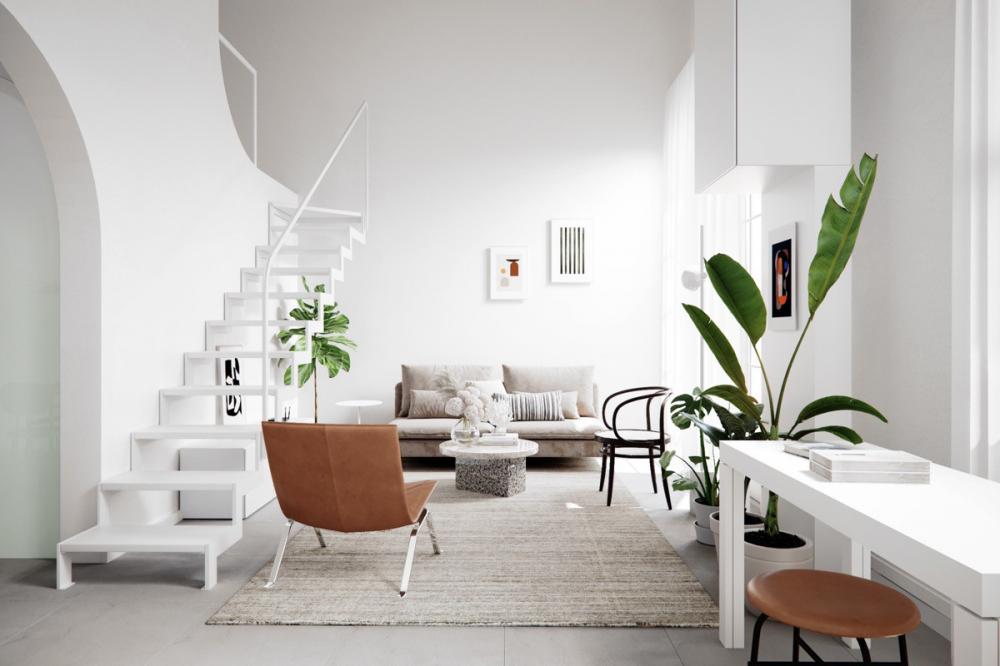 Sự kết hợp ăn ý giữa màu xanh lá cây với sắc trắng tinh khôi trong căn hộ hiện đại