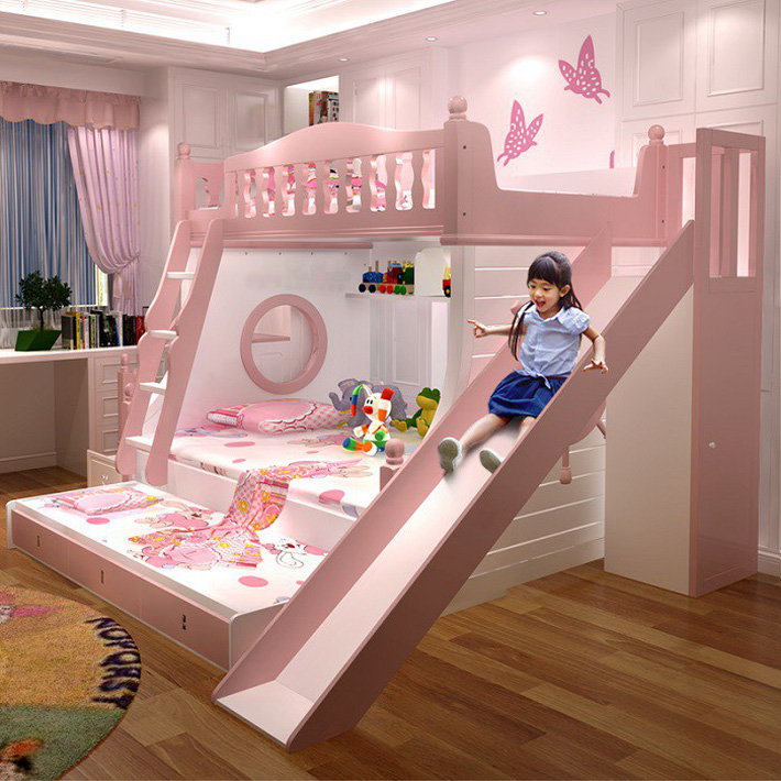 mẫu giường tầng màu hồng cho bé gái