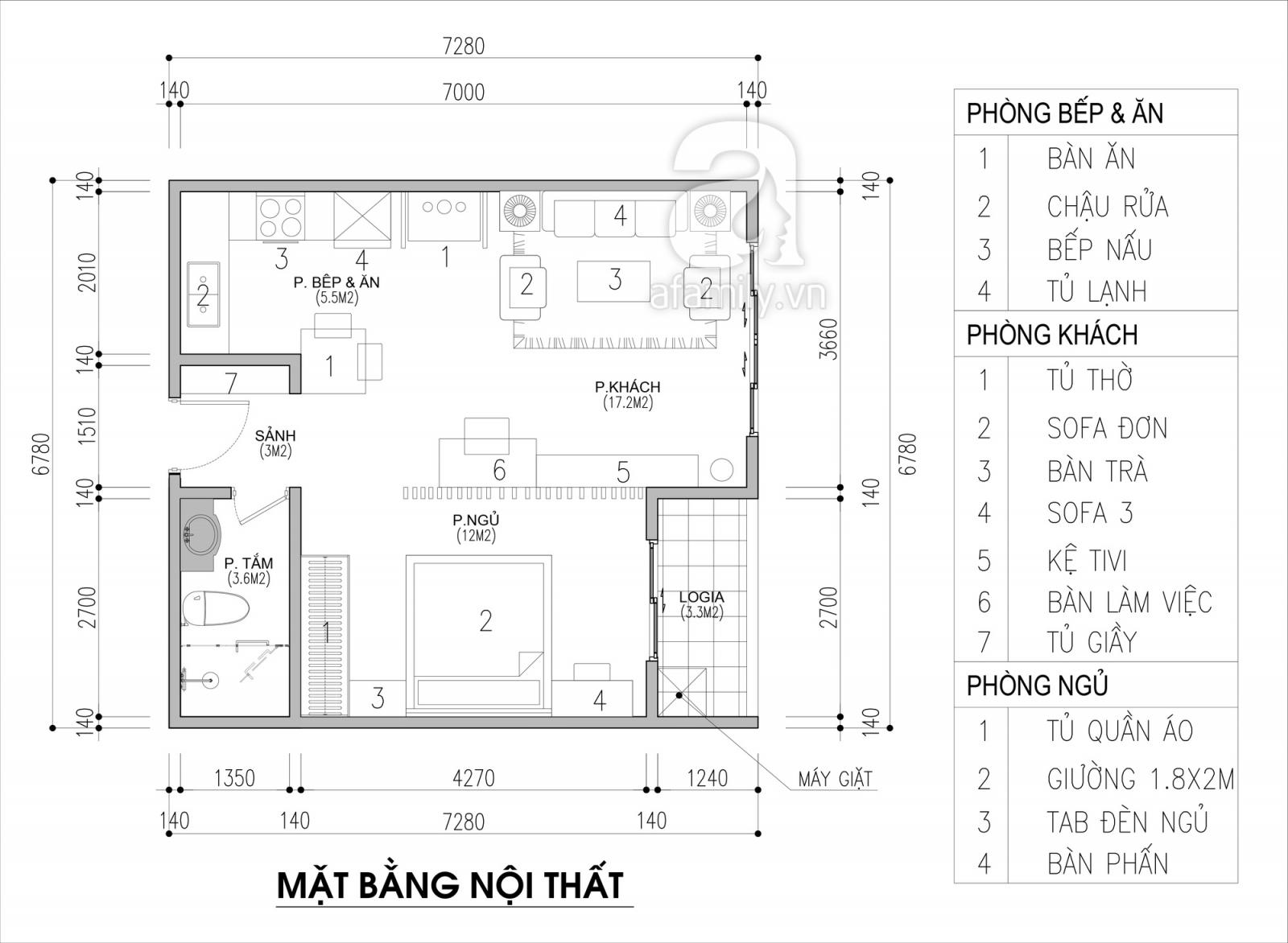 không gian nội thất trong căn hộ 45m2