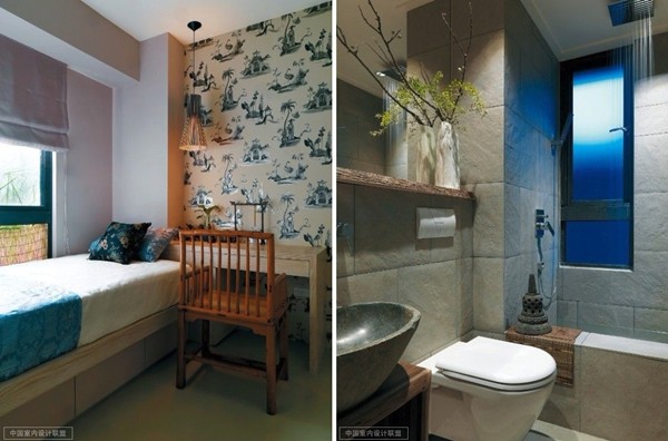 Phòng ngủ và phòng tắm cùng chung phong cách đơn giản, tinh tế