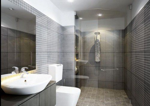 Phòng tắm master lát nền gạch xám sạch sẽ. Phòng tắm kiếng đứng sang trọng và hiện đại