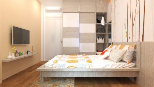 Phòng ngủ khách trang trí đơn giản với tông màu cam nhẹ trung tính