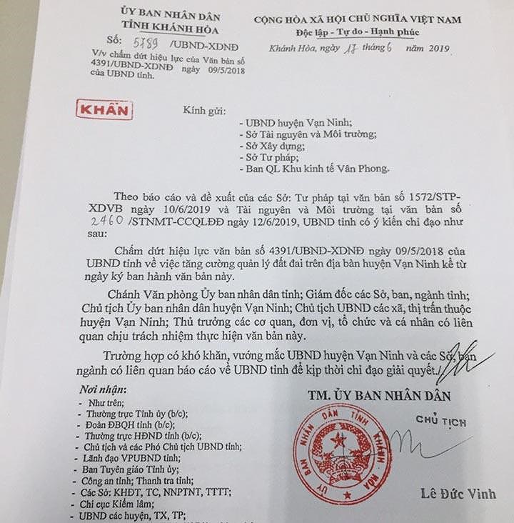 công văn hủy bỏ lệnh cấm giao dịch đất tại Vạn Ninh