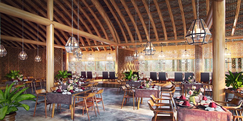 nhà hàng lớn nằm bên trong resort gỗ