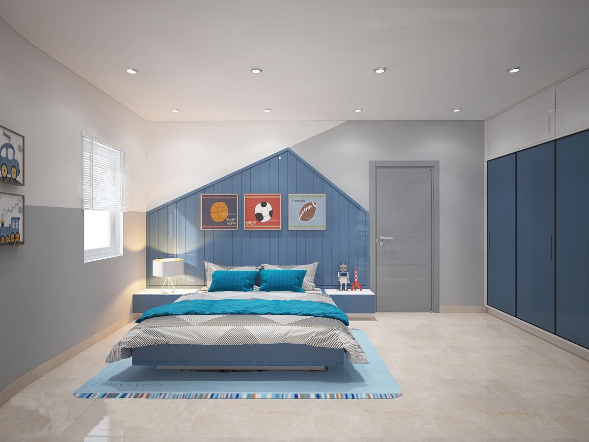 Phòng ngủ bé trai lấy gam màu xanh làm chủ đạo, phù hợp với giới tính của trẻ