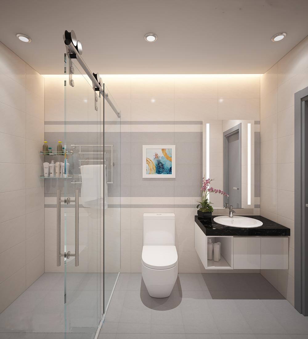 Nhà vệ sinh với vách kính ngăn giúp phân chia khu chức năng tiện lợi