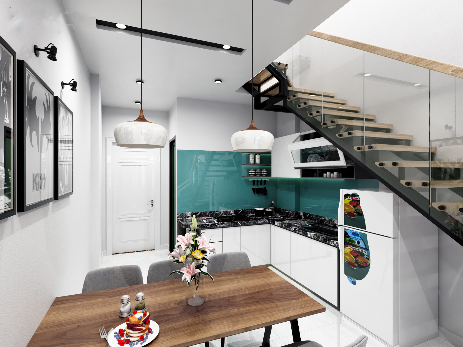 Căn bếp xinh xắn với tủ bếp gỗ bề mặt acrylic, tường ốp mica xanh, mặt bếp ốp đá granite giúp bảo vệ nội thất khỏi hơi nước, dầu mỡ