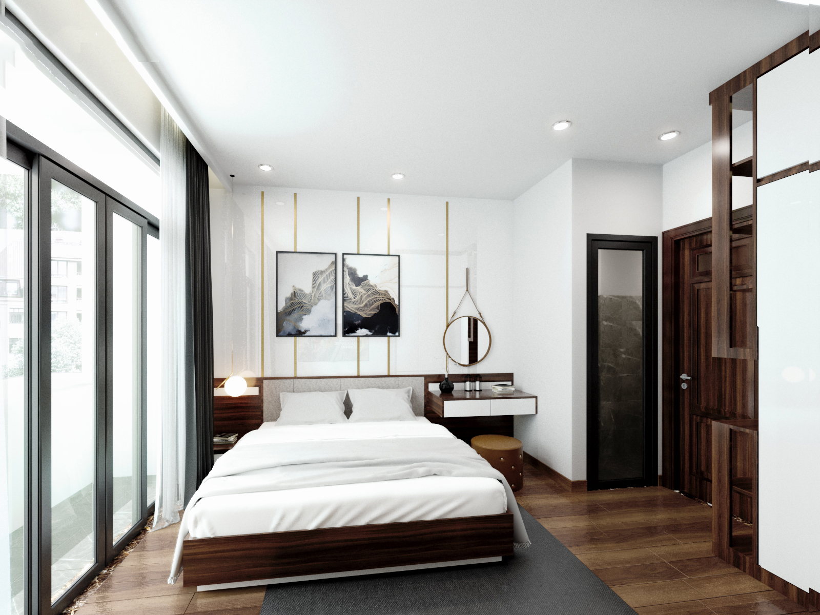 Phòng ngủ master với tone màu trắng làm chủ đạo. Toàn bộ nội thất của căn phòng đều được tính toán về kích thước để phù hợp với diện tích phòng