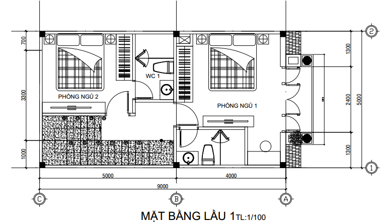 Mặt bằng lầu 1 bố trí 2 phòng ngủ với phòng ngủ phía trước rộng 20m2, có công trình vệ sinh riêng