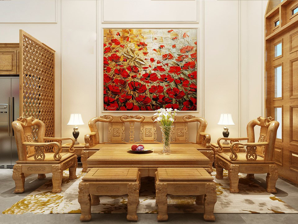 Tấm thảm hoa văn đậm chất Tân cổ điển là điểm nhấn ấn tượng giúp làm nổi bật thêm vẻ cầu kỳ, sang trọng của bộ bàn ghế gỗ tinh xảo 