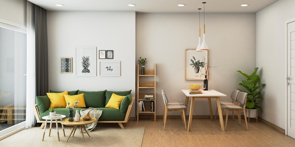  Điểm nhấn màu sắc mang đến sự tươi mới cho không gian sinh hoạt chung của căn hộ. Để tiết kiệm chi phí, bàn ghế, tủ, kệ trang trí đều được sử dụng chất liệu gỗ MDF nhưng vẫn đảm bảo tính chất hiện đại, thẩm mỹ cho nơi ở của gia đình 4 người.