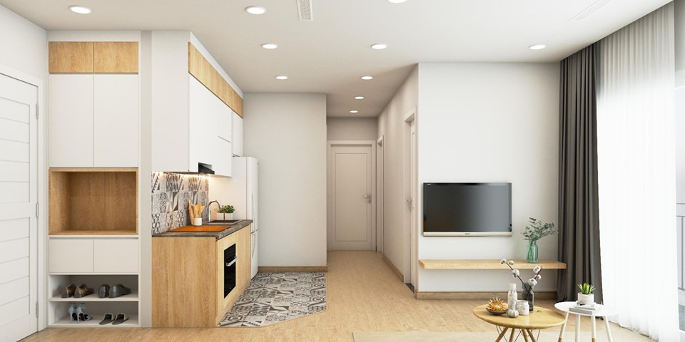 Hệ tủ dạng thẳng đứng, cao kịch trần tích hợp tủ bếp và tủ giầy giúp tối đa hóa không gian lưu trữ dù chỉ có diện tích 3m2, rất phù hợp với không gian nhỏ 