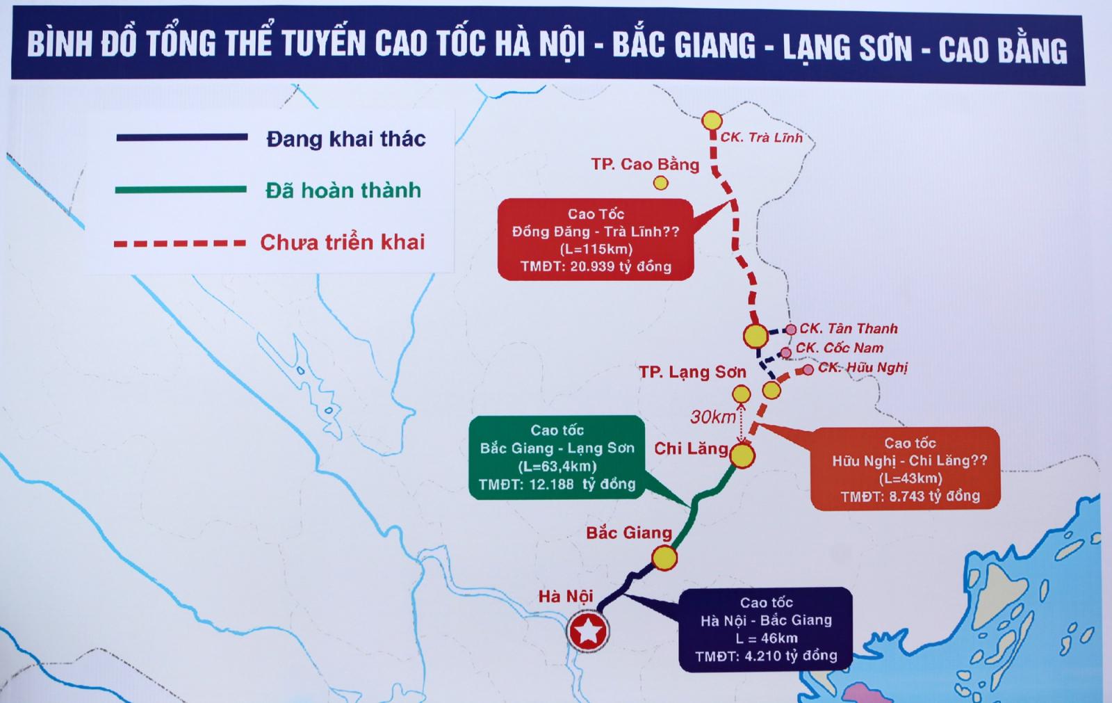 Sơ đồ tổng thể tuyến cao tốc Hà Nội - Bắc Giang - Lạng Sơn - Cao Bằng