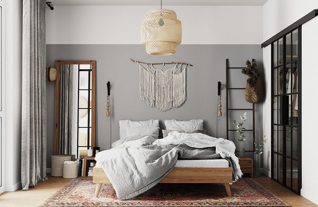 Chiếc đèn mây đậm chất Việt lại hài hòa một cách hoàn hảo với phong cách du mục của phòng ngủ này