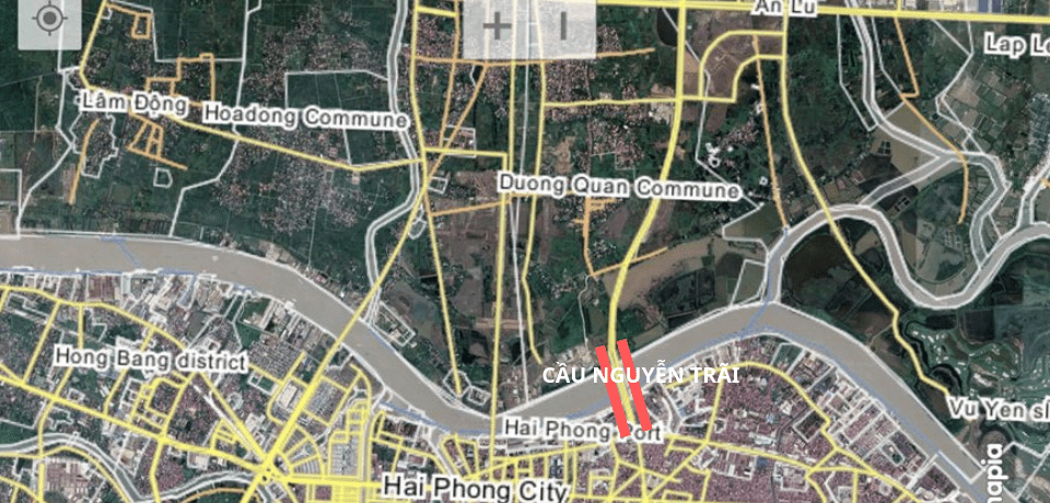 Đường màu đỏ trên bản đồ là vị trí xây cầu Nguyễn Trãi