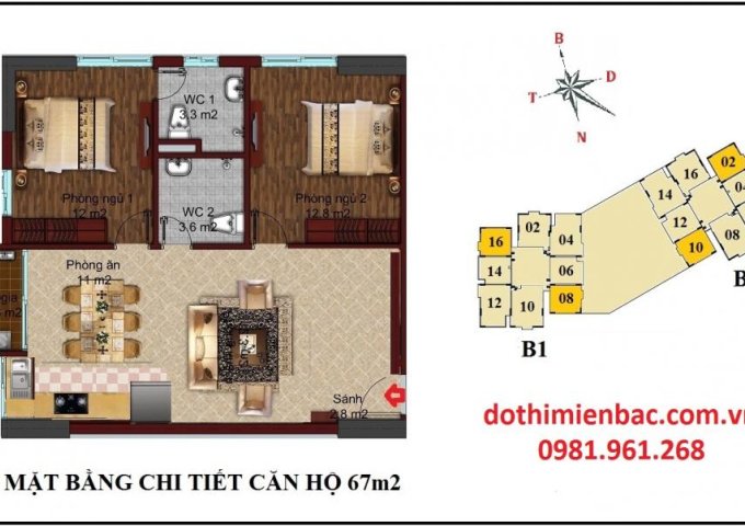 Bán căn số 1808 tòa B1 chung cư B1B2 Tây Nam Linh Đàm – LH: 0981961268