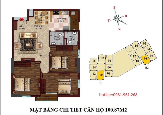 Cần nhượng lại căn hộ 100.87m2 tầng 16 chung cư B1B2 Tây Nam Linh Đàm, giá rẻ nhất thị trường