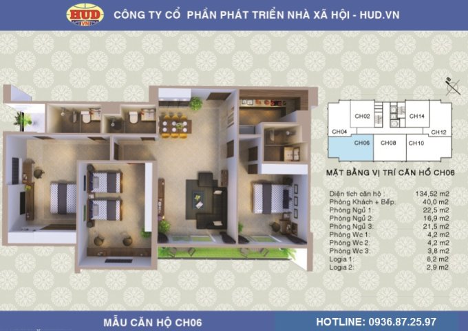 Nhượng lại căn hộ tầng 14 diện tích 134.52m2, 3PN chung cư A1CT2 Tây Nam Linh Đàm
