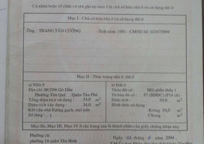 Bán gấp nhà 38/29/4 HXH Gò Dầu P.TSN,Tân Phú 4,5x12 1 lầu 3,45 tỷ