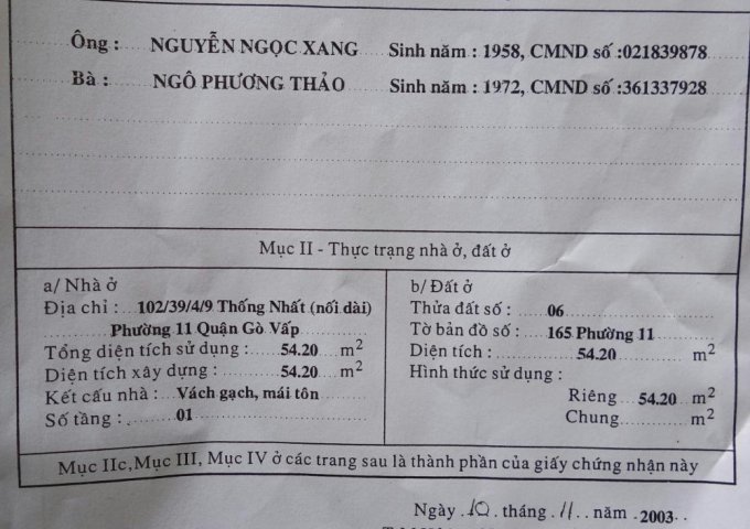 Bán Nhà hẻm 79 Thống Nhất, Phường 11, quận Gò Vấp, 3,6 x 14,5m, Cấp 4, giá 2,48 tỷ