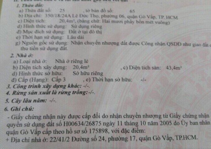 Bán nhà hẻm 350/18/24A Lê Đức Thọ, Phường 6, Quận Gò Vấp, 3,25x7m, 1 trệt 1 lầu, giá 1,69 tỷ