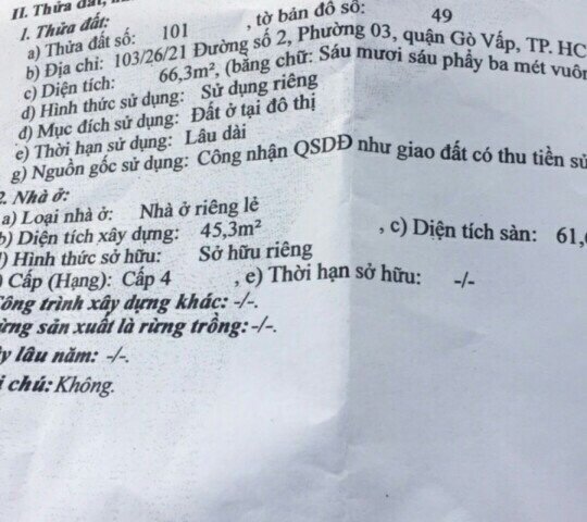 Bán nhà hẻm 103 đường Số 2, Phường 3, Quận Gò Vấp, 5 x 14m, cấp 4 lửng, giá 3 tỷ