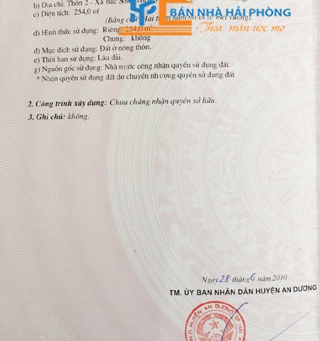 Bán đất thôn 2, xã Bắc Sơn, huyện An Dương, Hải Phòng