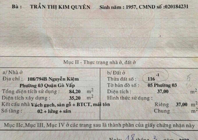 Bán nhà 2 hẻm 108/794B Nguyễn Kiệm, Phường 3, Quận Gò Vấp, 4x12m, 1 trệt 1 lầu, giá 3,4 tỷ