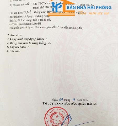 Chuyển nhượng lô đất số 135 khu tái định cư Nam Hải 2, phường Nam Hải, quận Hải An, Hải Phòng