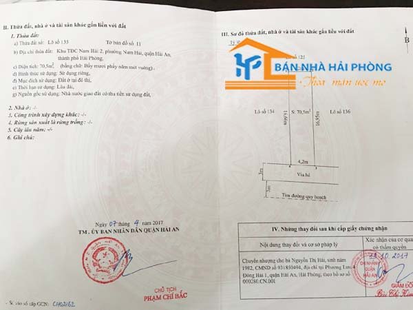 Chuyển nhượng lô đất số 135 khu tái định cư Nam Hải 2, phường Nam Hải, quận Hải An, Hải Phòng