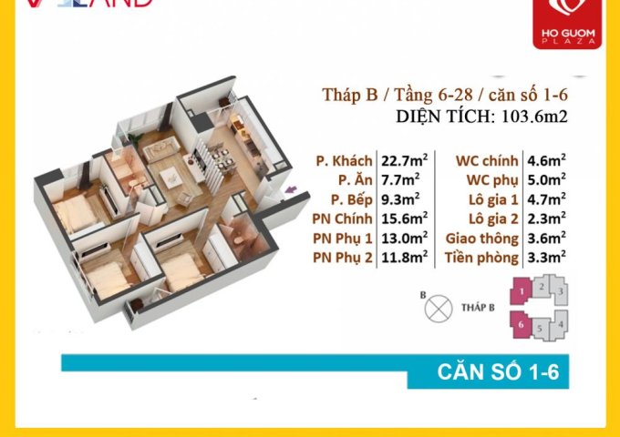 Cho thuê căn hộ 3PN, DT 103m2, chung cư Hồ Gươm Plaza, 8 tr/tháng, LH 0966.152.526
